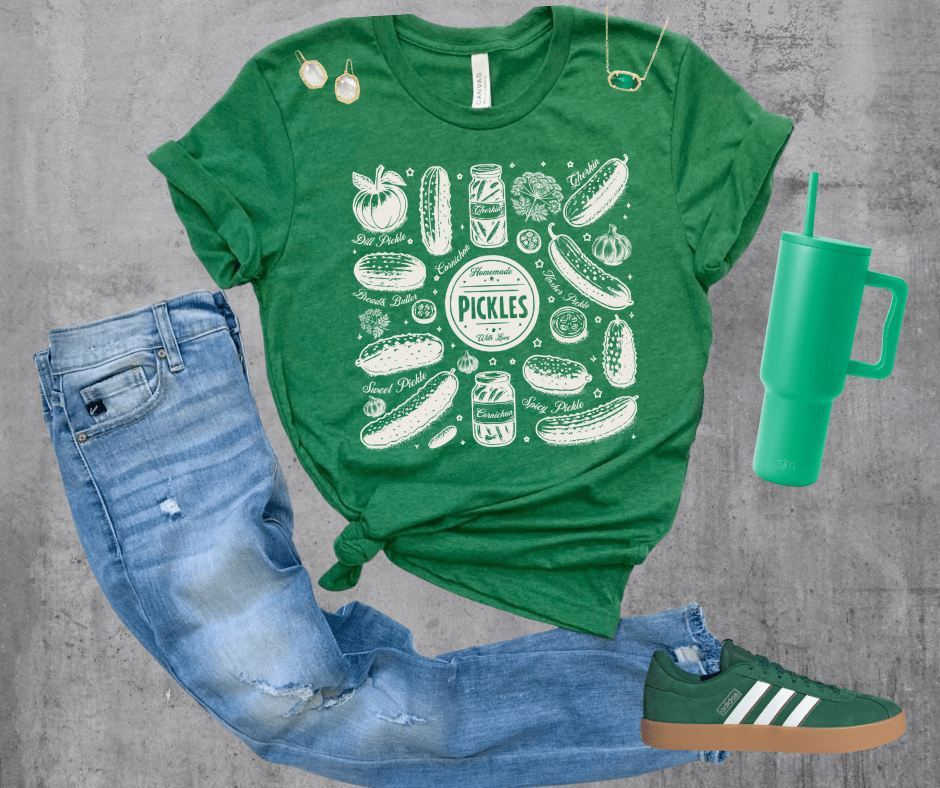 Pickles Collage in beige text on Heather Green Grass Tee - Wholesale - The Red Rival
