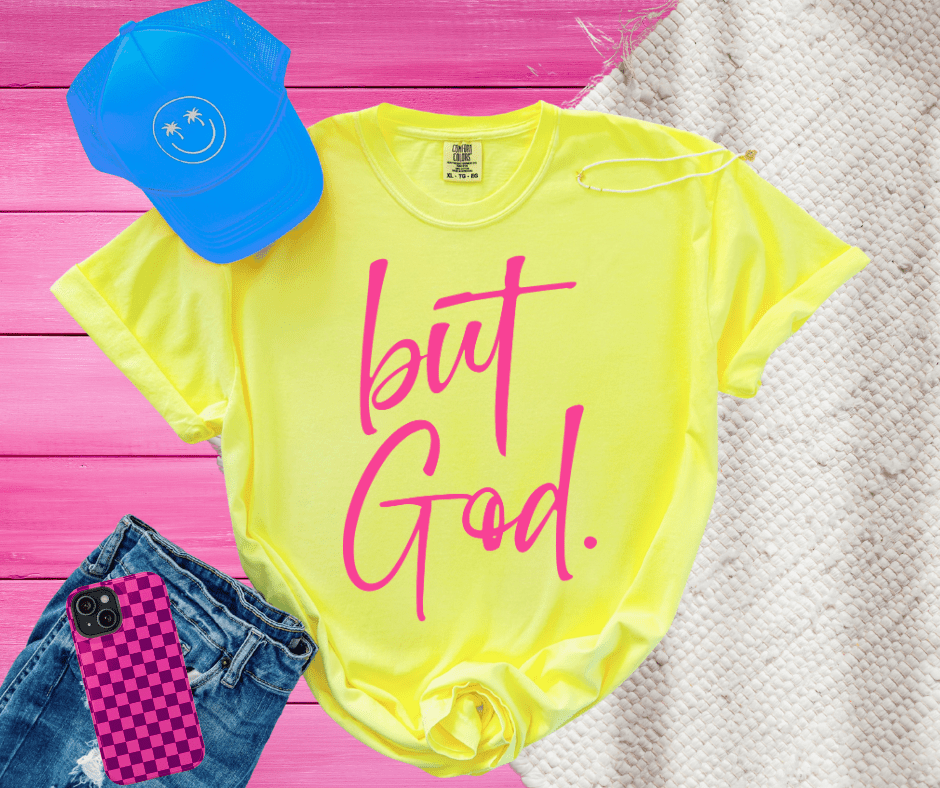 Pink but God. on Neon Yellow Tee - Graphic Tee - The Red Rival