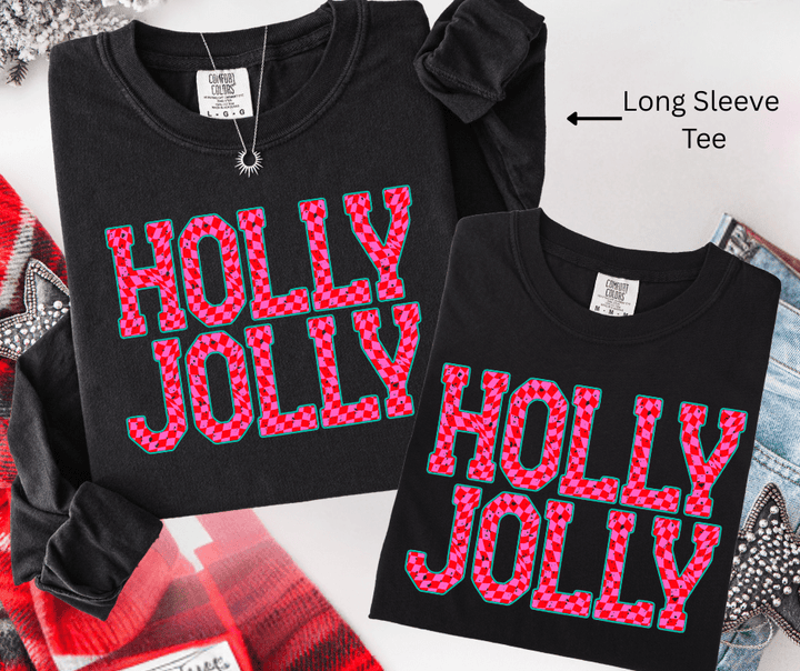 Pink Checkered HOLLY JOLLY (Select your Color & Style) - Graphic Tee - The Red Rival