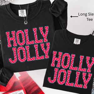 Pink Checkered HOLLY JOLLY (Select your Color & Style) - Graphic Tee - The Red Rival