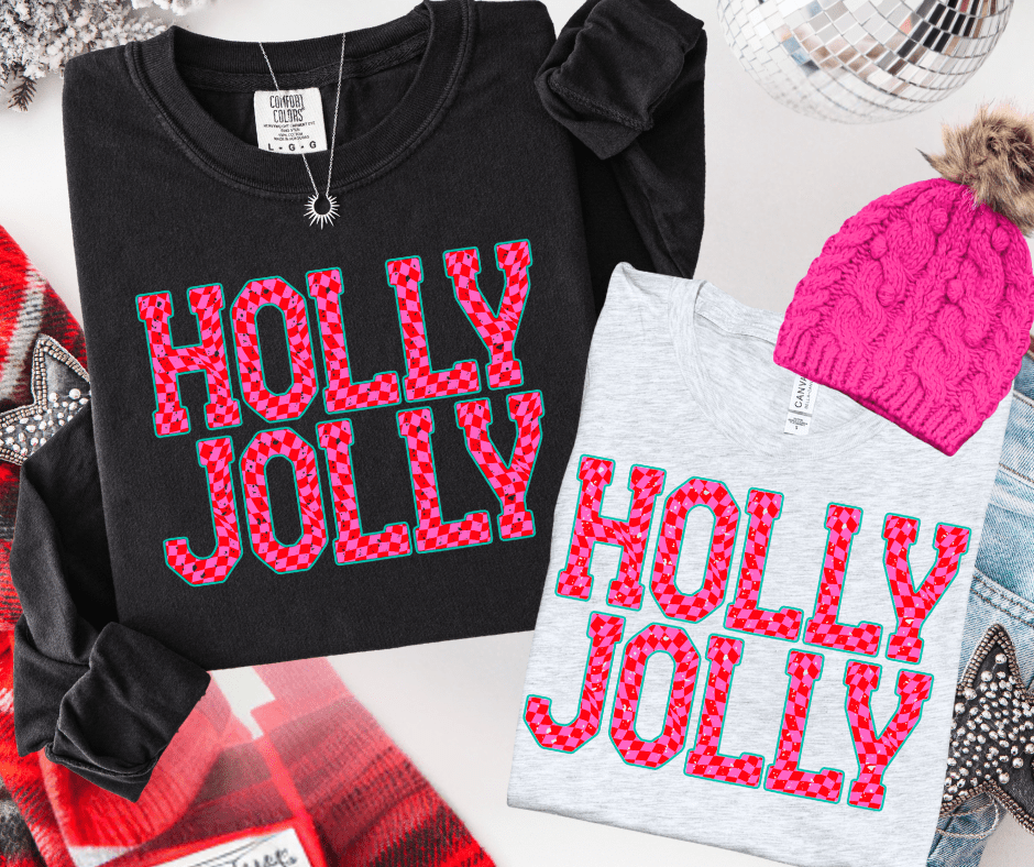 Pink Checkered HOLLY JOLLY (Select your Color & Style) - Graphic Tee - The Red Rival
