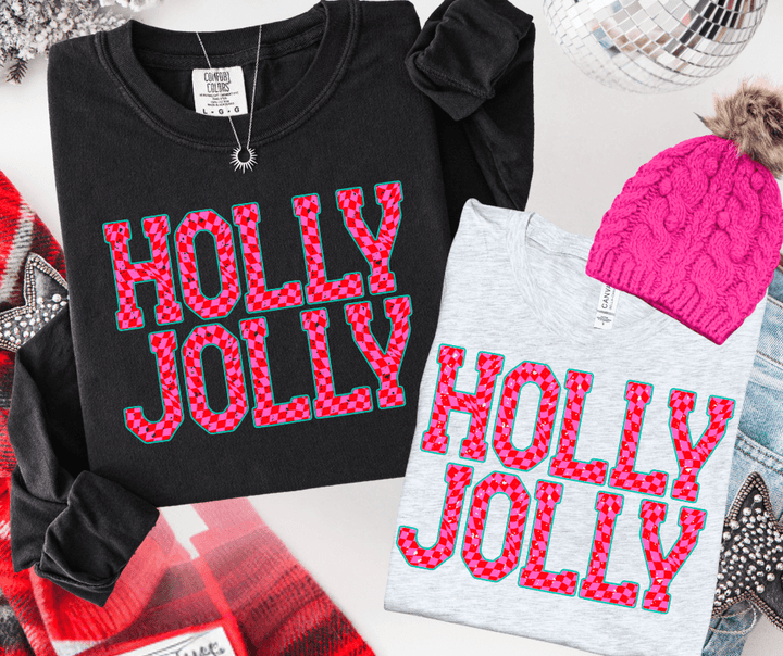 Pink Checkered HOLLY JOLLY (Select your Color & Style) - Graphic Tee - The Red Rival
