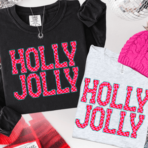 Pink Checkered HOLLY JOLLY (Select your Color & Style) - Graphic Tee - The Red Rival