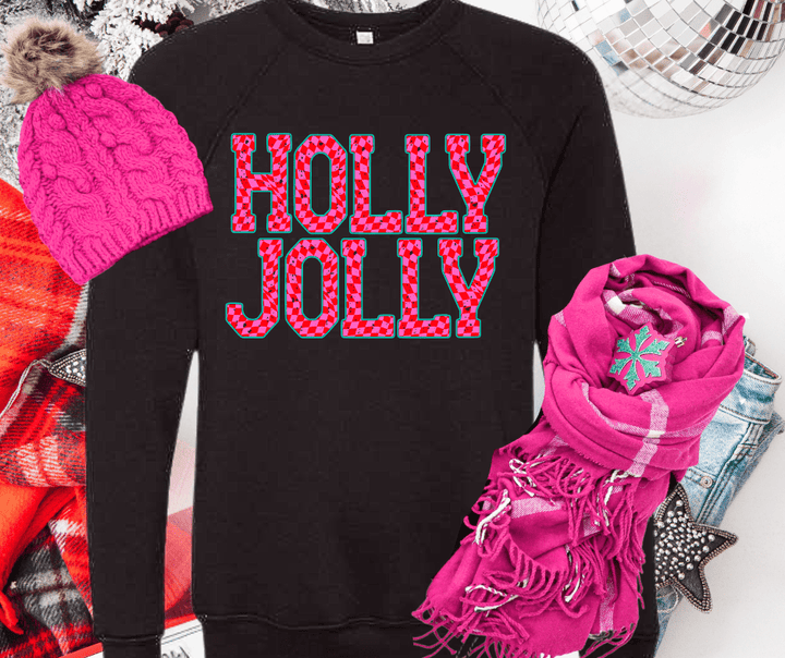 Pink Checkered HOLLY JOLLY (Select your Color & Style) - Graphic Tee - The Red Rival