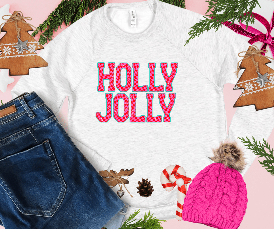Pink Checkered HOLLY JOLLY (Select your Color & Style) - Graphic Tee - The Red Rival