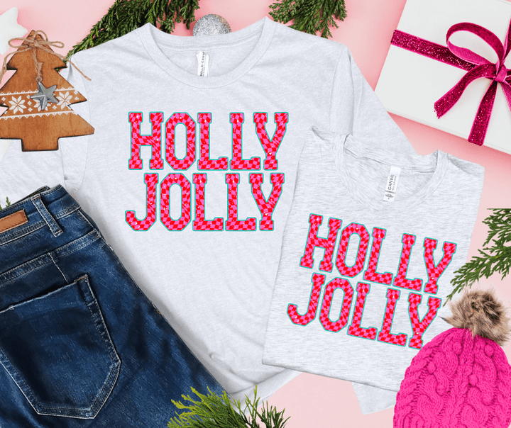 Pink Checkered HOLLY JOLLY (Select your Color & Style) - Graphic Tee - The Red Rival