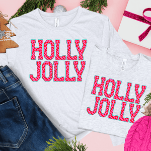 Pink Checkered HOLLY JOLLY (Select your Color & Style) - Graphic Tee - The Red Rival