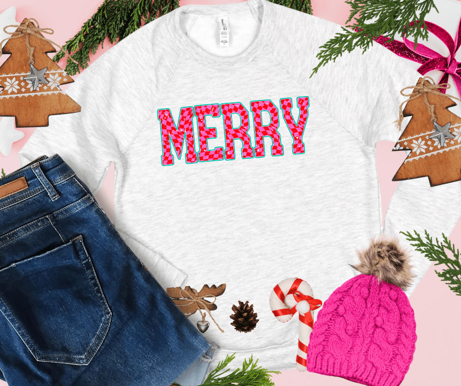 Pink Checkered MERRY (Select your Color & Style) - Graphic Tee - The Red Rival