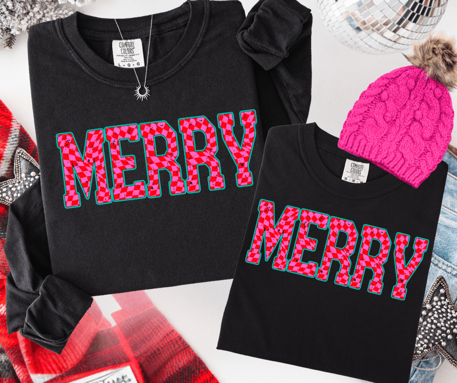 Pink Checkered MERRY (Select your Color & Style) - Graphic Tee - The Red Rival