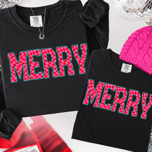 Pink Checkered MERRY (Select your Color & Style) - Graphic Tee - The Red Rival