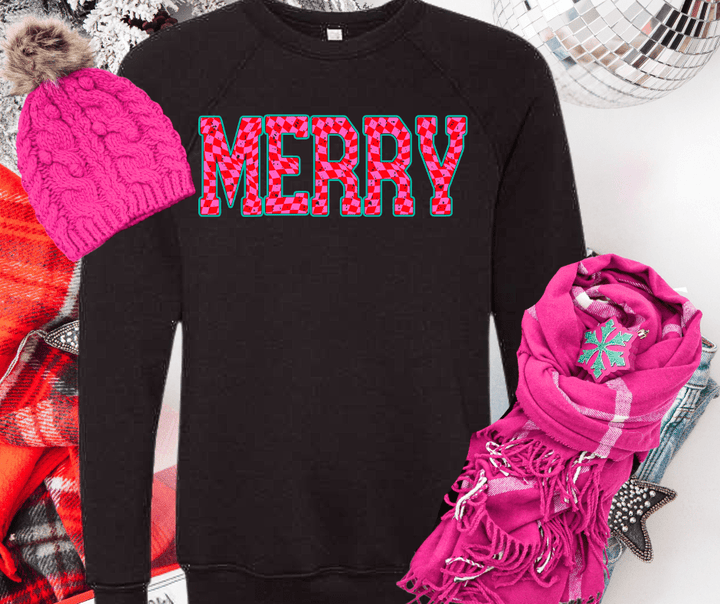 Pink Checkered MERRY (Select your Color & Style) - Graphic Tee - The Red Rival