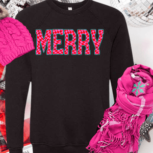 Pink Checkered MERRY (Select your Color & Style) - Graphic Tee - The Red Rival