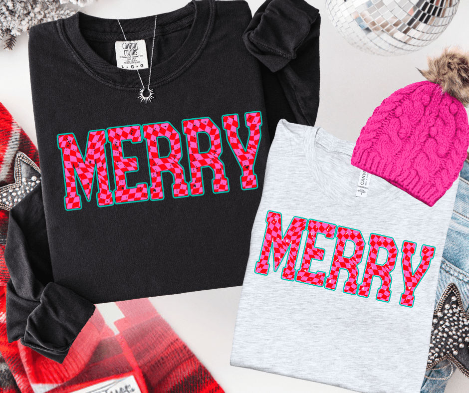 Pink Checkered MERRY (Select your Color & Style) - Graphic Tee - The Red Rival