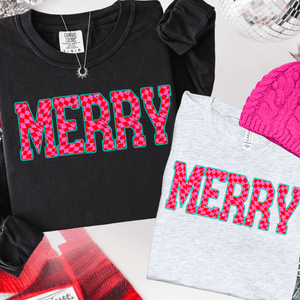 Pink Checkered MERRY (Select your Color & Style) - Graphic Tee - The Red Rival