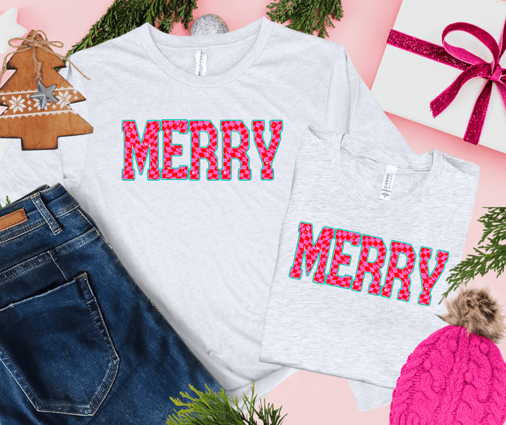 Pink Checkered MERRY (Select your Color & Style) - Graphic Tee - The Red Rival