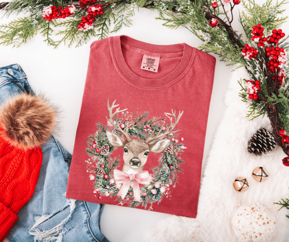 Pink Deer Christmas Wreath Crimson Tee - Graphic Tee - The Red Rival