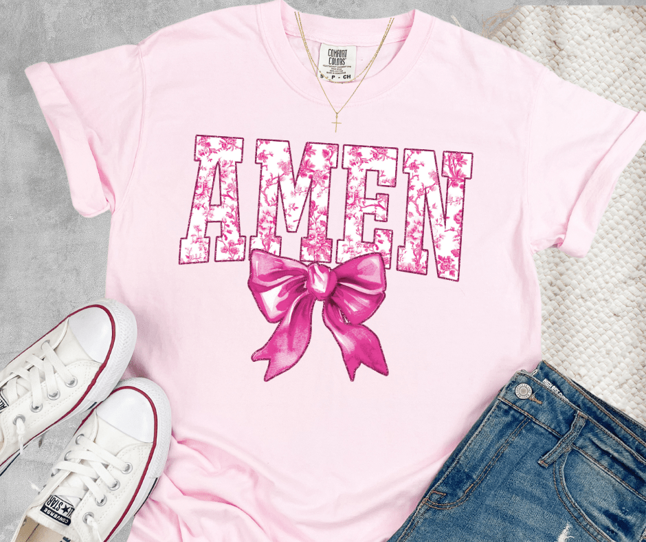 Pink Floral Amen Bow Light Pink Tee - Graphic Tee - The Red Rival