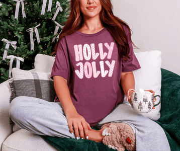 Pink Holly Jolly Heather Maroon Tee - Graphic Tee - The Red Rival