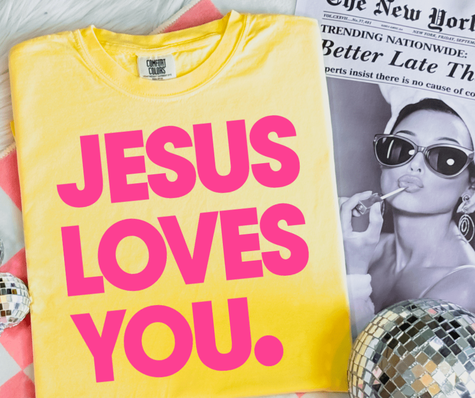 Pink Jesus Loves You on Yellow Tee - Graphic Tee - The Red Rival