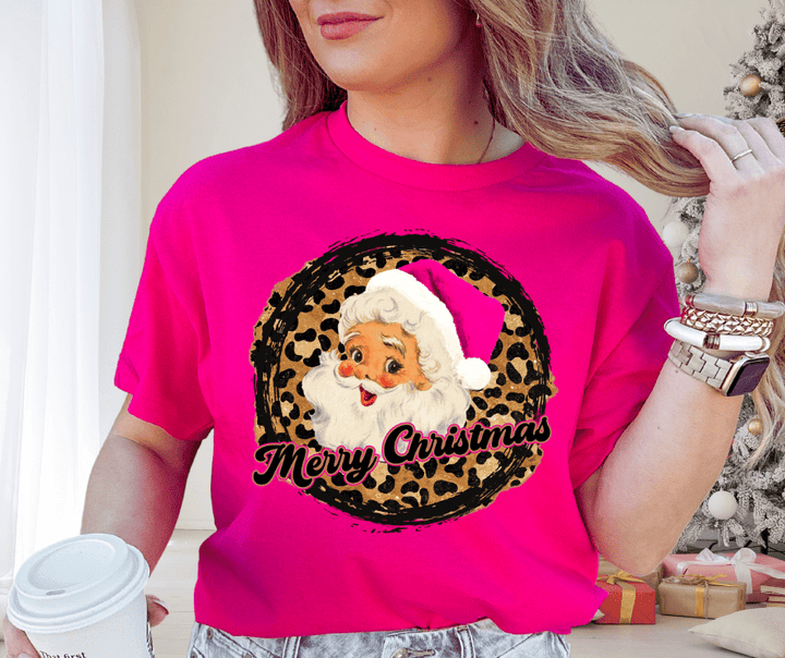 Pink Leopard Merry Christmas Santa Pink Tee or Sweatshirt - The Red Rival