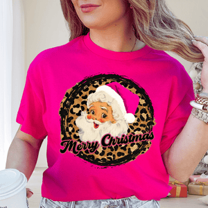 Pink Leopard Merry Christmas Santa Pink Tee or Sweatshirt - The Red Rival