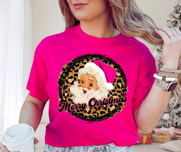Pink Leopard Merry Christmas Santa Pink Tee or Sweatshirt - The Red Rival