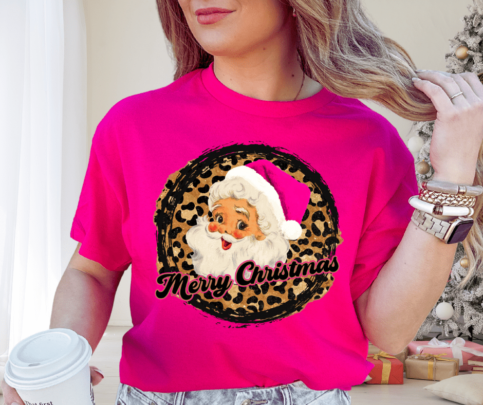 Pink Leopard Merry Christmas Santa Pink Tee or Sweatshirt - The Red Rival