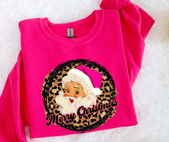 Pink Leopard Merry Christmas Santa Pink Tee or Sweatshirt - The Red Rival