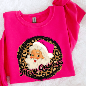 Pink Leopard Merry Christmas Santa Pink Tee or Sweatshirt - The Red Rival