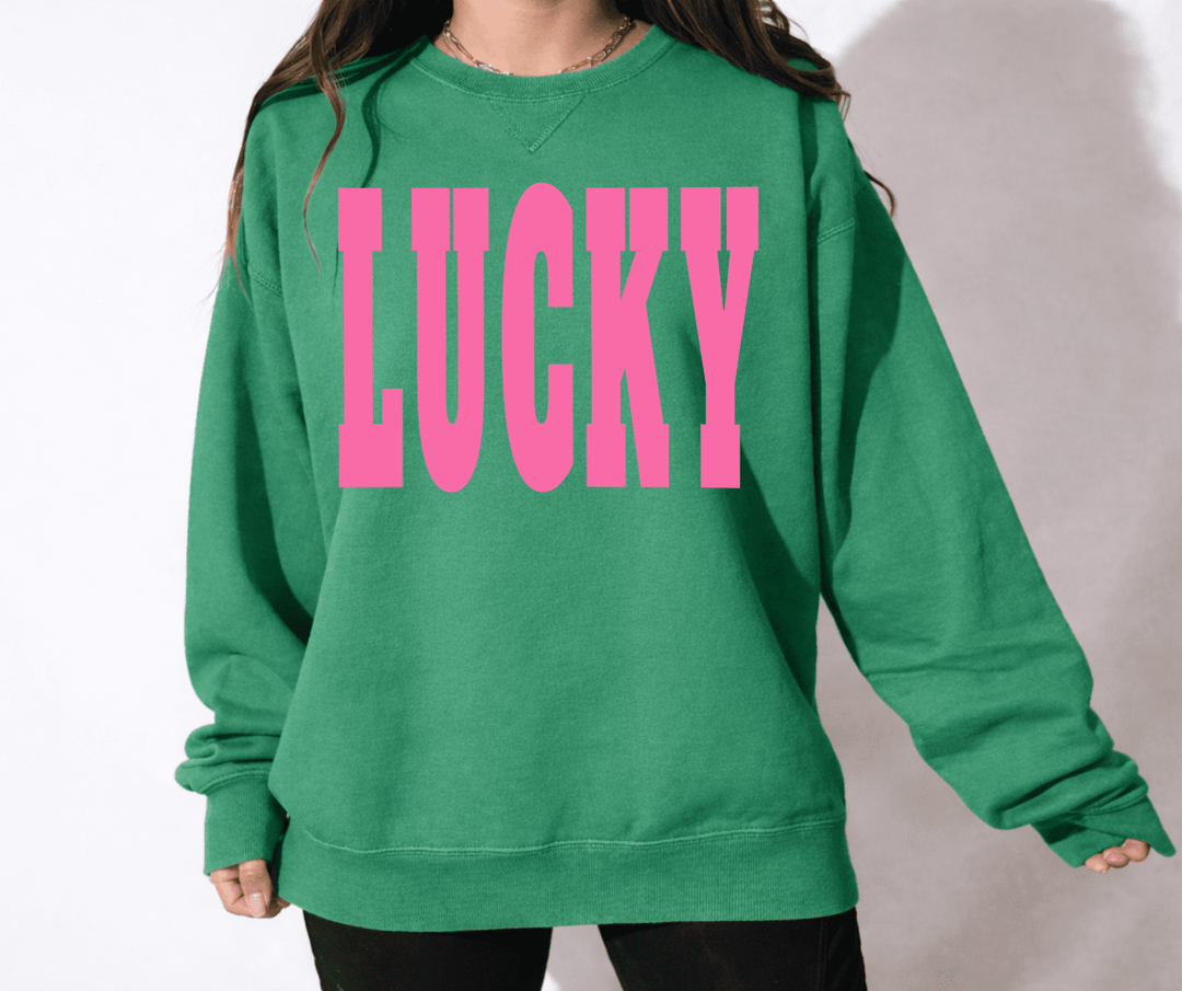 PINK LUCKY LETTERS Green Sweatshirt or Tee (Pick Your Style) - Tees - The Red Rival