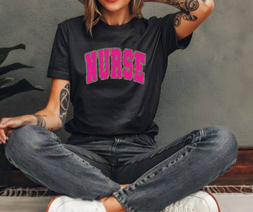 Pink Nurse with Leopard Outline Black Tee - Graphic Tee - The Red Rival
