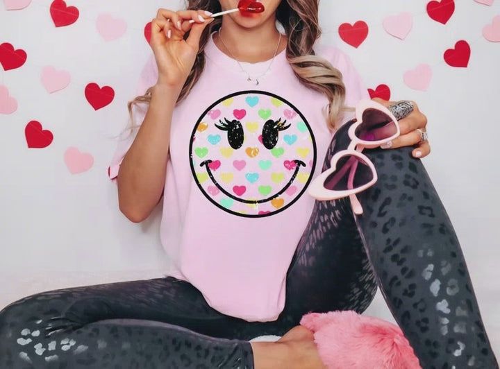 Multi-Color Heart Smile Face Light Pink Tee or Sweatshirt