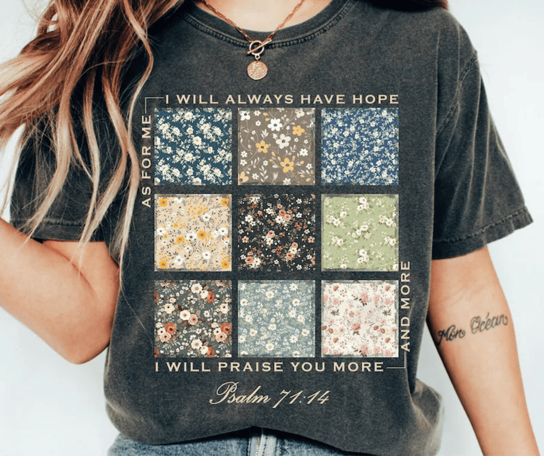 Psalms 71:14 Flower Squares Pepper Tee - Tees - The Red Rival