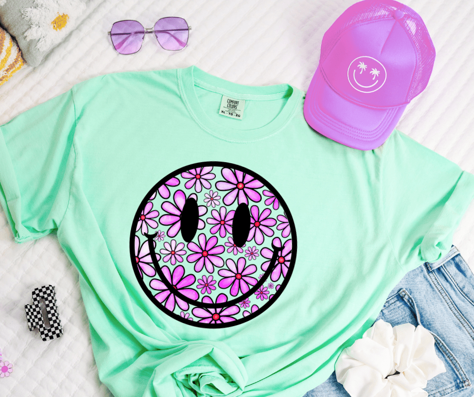 Purple Floral Daisy Smiley Face Tee - Graphic Tee - The Red Rival