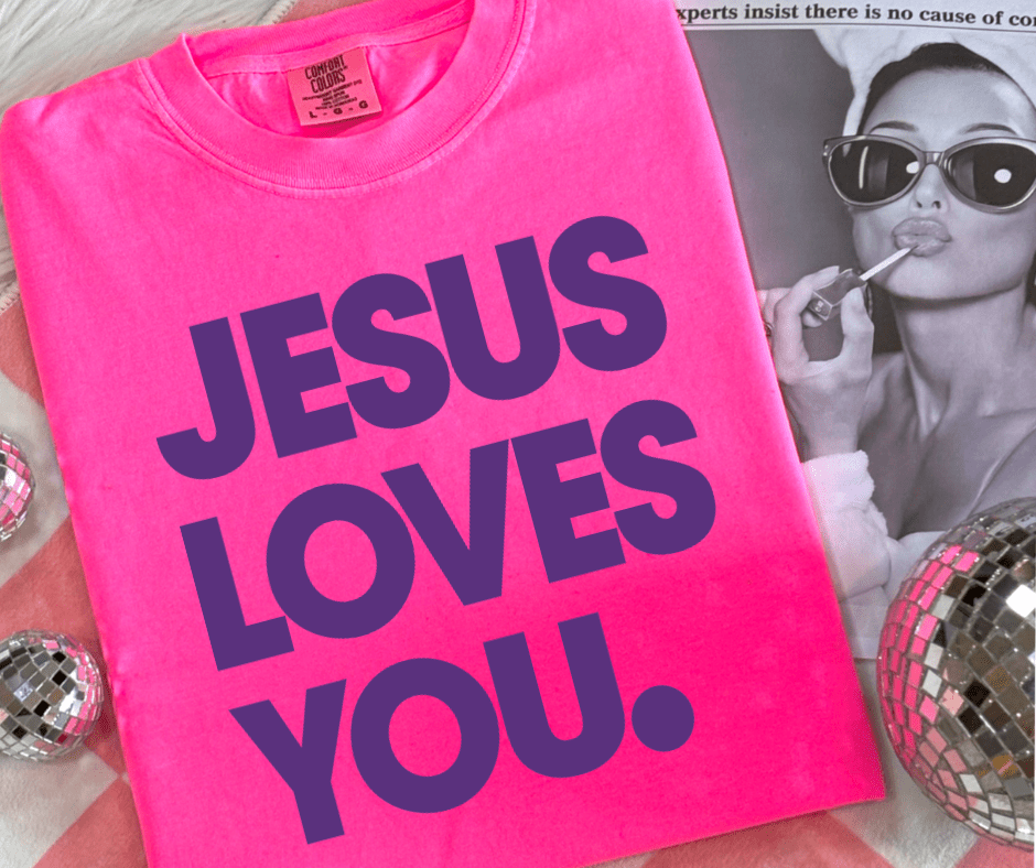 Purple Jesus Loves You on Pink Tee - Graphic Tee - The Red Rival