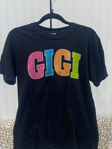READY TO SHIP - Size: Adult M - Colorful Gigi Varsity letters - Black Tee - Apparel & Accessories - The Red Rival
