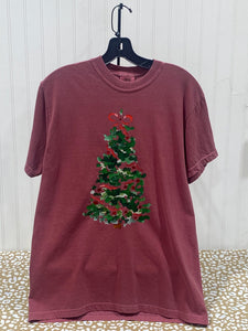 READY TO SHIP - Size: Adult M - Watercolor Christmas Tree w/ Red Ribbon - Apparel & Accessories - The Red Rival