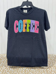 READY TO SHIP - Size: Adult S - Colorful Coffee Varsity letters - Black Tee - Apparel & Accessories - The Red Rival
