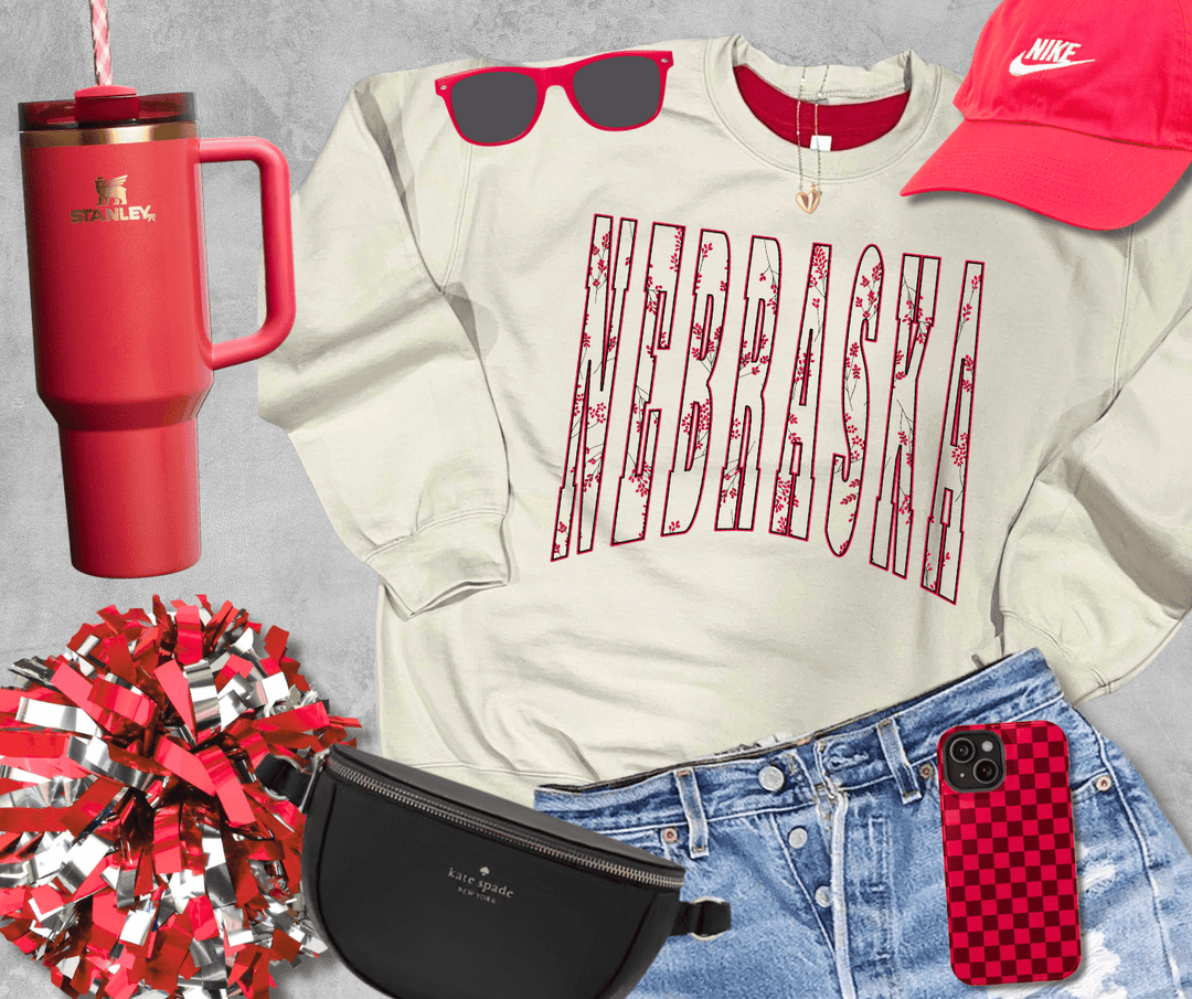 Red Floral NEBRASKA Text Tan Tee or Sweatshirt - Tees - The Red Rival