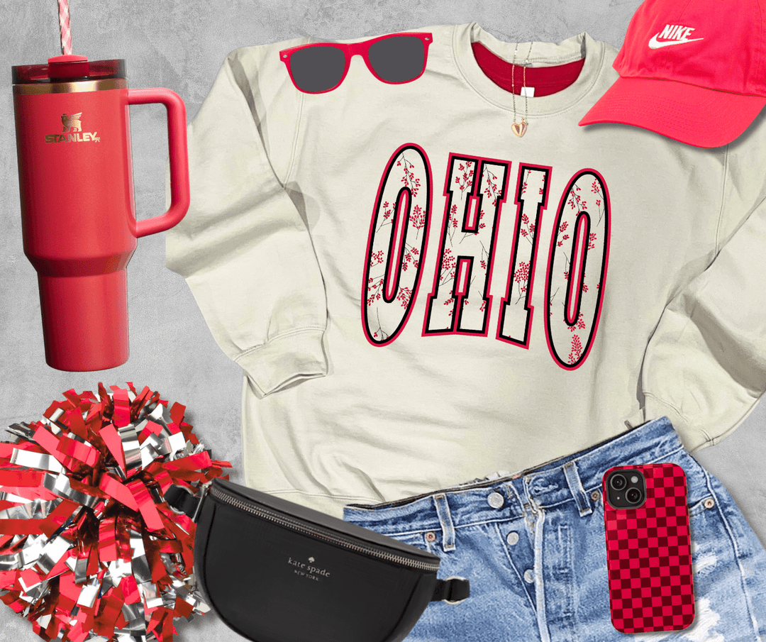 Red Floral OHIO Text Tan Tee or Sweatshirt - Tees - The Red Rival