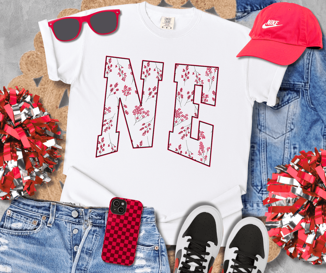 Red Flowers NE Text White Tee - Tees - The Red Rival
