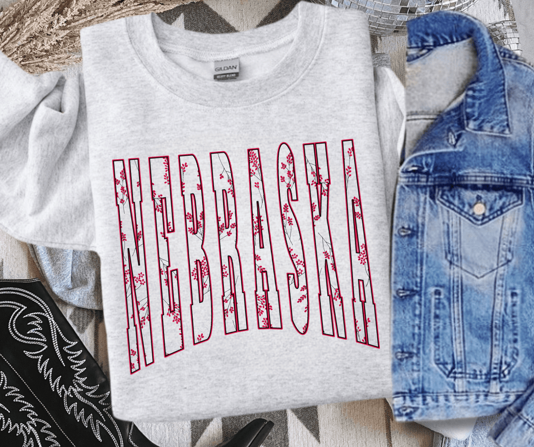 Red Flowers NEBRASKA Text Ash Sweatshirt - Tees - The Red Rival