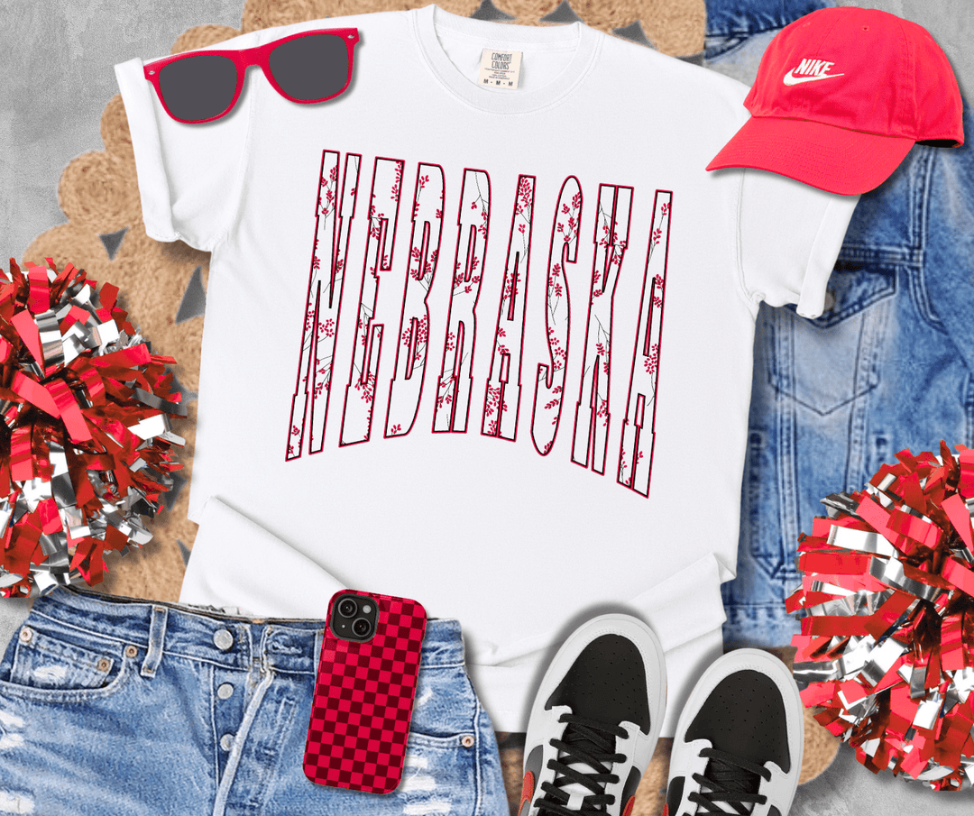Red Flowers NEBRASKA Text White Tee - Tees - The Red Rival
