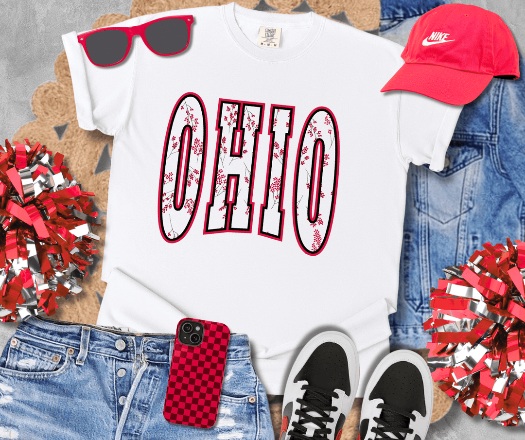 Red Flowers OHIO Text White Tee - Tees - The Red Rival