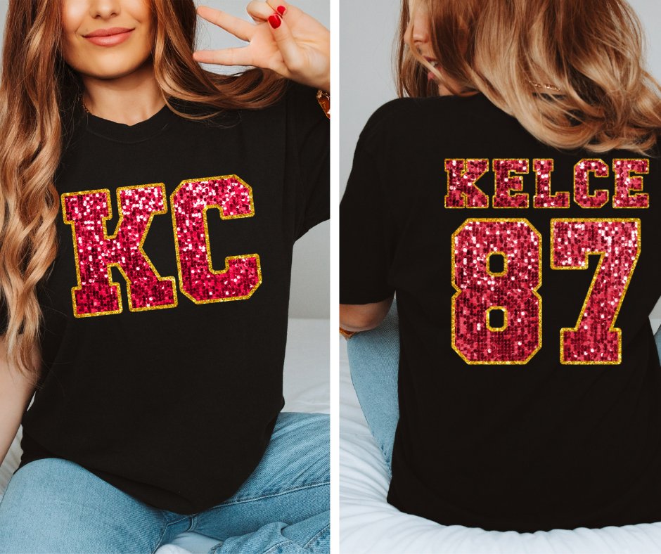 Red Glitter KC Front & KELCE 87 Back Black Tee (FRONT/BACK) - Graphic Tee - The Red Rival
