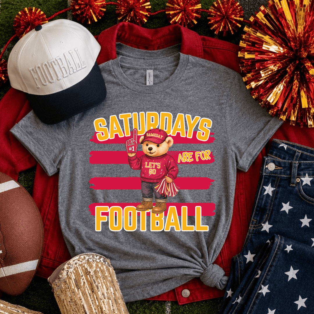 Red & Yellow Stripes Bear Saturdays are for Football Grey Tee - Tees - The Red Rival