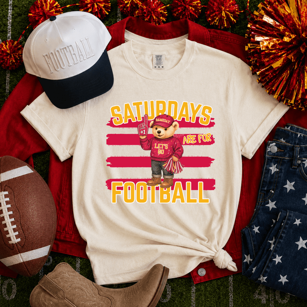 Red & Yellow Stripes Bear Saturdays are for Football Ivory Tee - Tees - The Red Rival