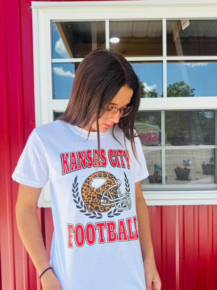Red/Black Letters - Leopard Print Kansas City Football Helmet - Tees - The Red Rival