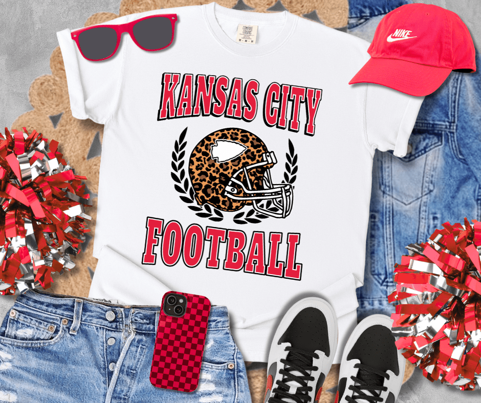 Red/Black Letters - Leopard Print Kansas City Football Helmet - Tees - The Red Rival