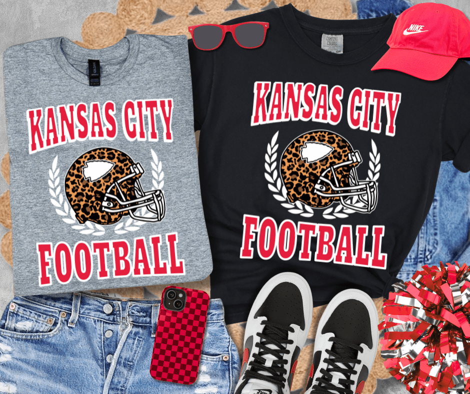 Red/White Letters - Leopard Print Kansas City Football Helmet (Pick Your Tee Color) - Tees - The Red Rival